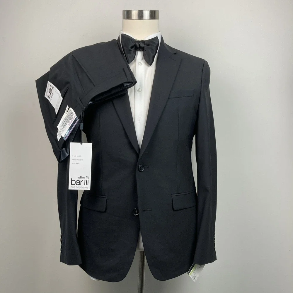 Bar III Mens Slim fit 2-pc Suit Jacket Blazer 38R Black Solid Pants 32W 32L